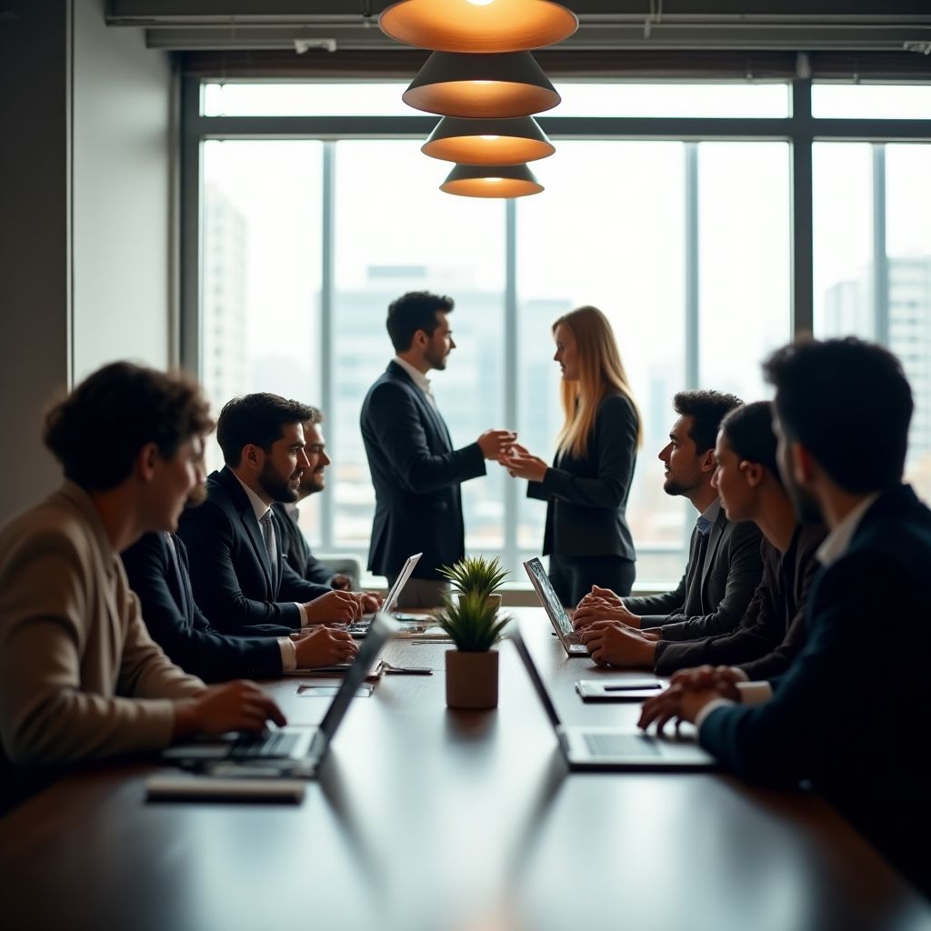 Equipo de consultores financieros reunidos en oficina moderna